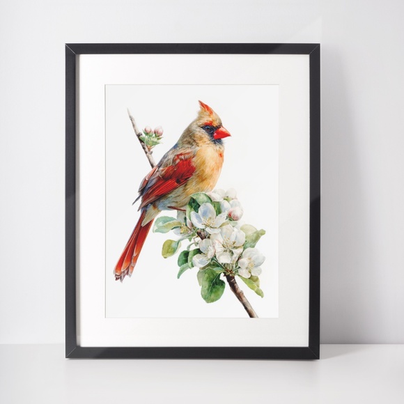 Watercolor Female Cardinal Bird with Flowers Wall Art Print Unframed - Picture 3 of 6